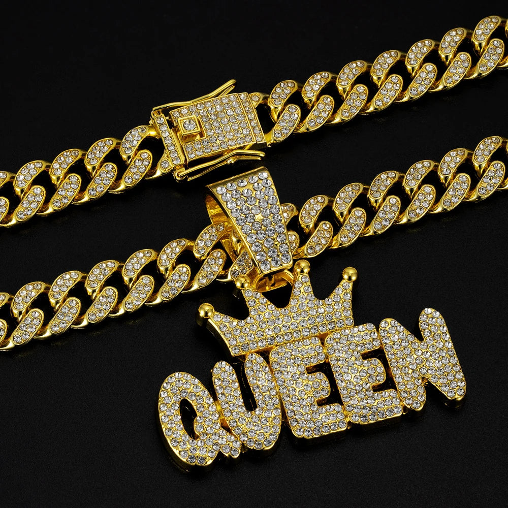 Hip Hop Crown & QUEEN Letter Pendant Cuban Chain Necklace - Afrilinker
