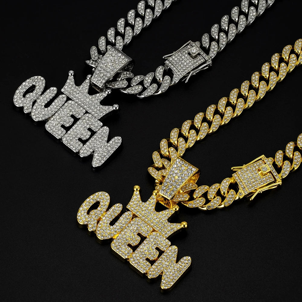 Hip Hop Crown & QUEEN Letter Pendant Cuban Chain Necklace - Afrilinker