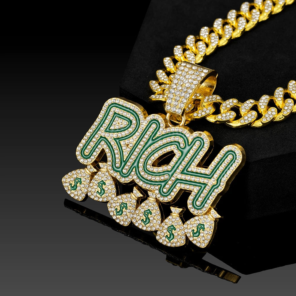 Hip Hop "RICH" Money Bag Pendant Necklace with 13mm Miami Cuban Chain - Afrilinker