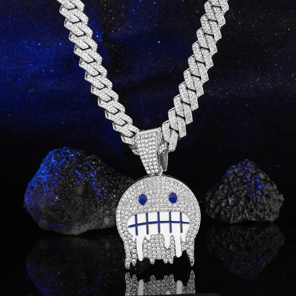 Hip Hop Iced Out Round Face Pendant Cuban Chain Necklace - Afrilinker