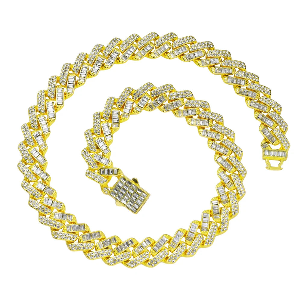 Hip Hop Iced Out 15MM Baguette Stone Cuban Chain Necklace - Afrilinker