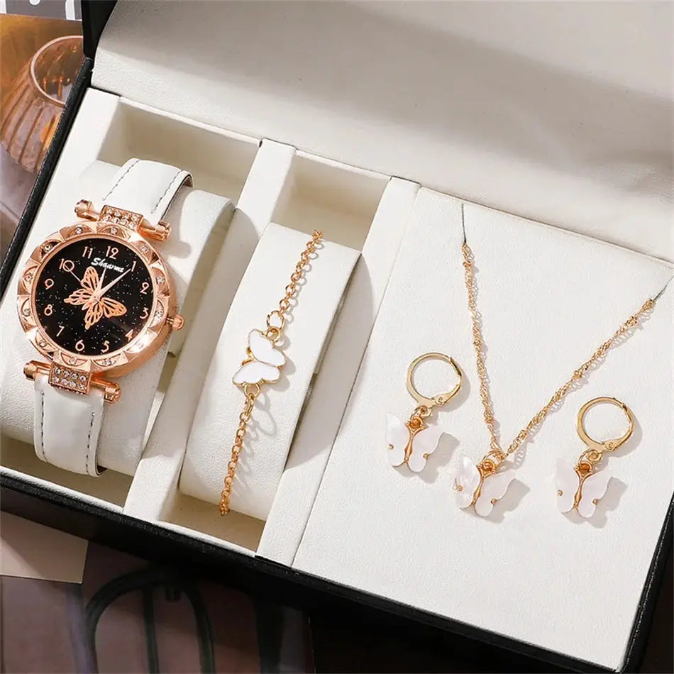 Fashion Casual Butterfly Watch & Jewelry Set - Leather Band - Afrilinker