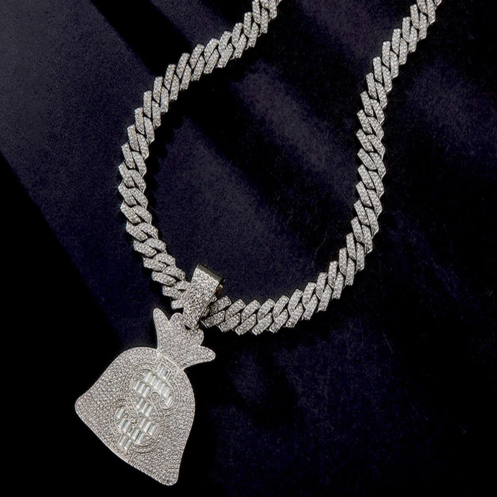 Hip Hop Iced Out Money Bag Pendant Cuban Chain Necklace - Afrilinker