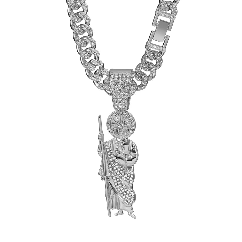 Men's Hip Hop Saint Jude Pendant Necklace with 13mm Cuban Chain - Afrilinker