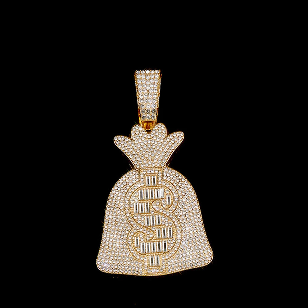 Hip Hop Iced Out Money Bag Pendant Cuban Chain Necklace - Afrilinker