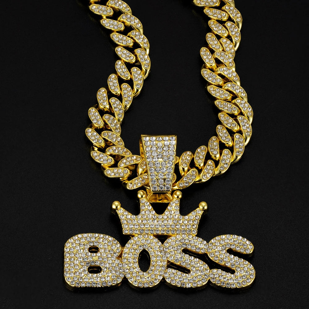 Hip Hop "BOSS" Pendant Necklace with Iced Out Rhinestones - Afrilinker
