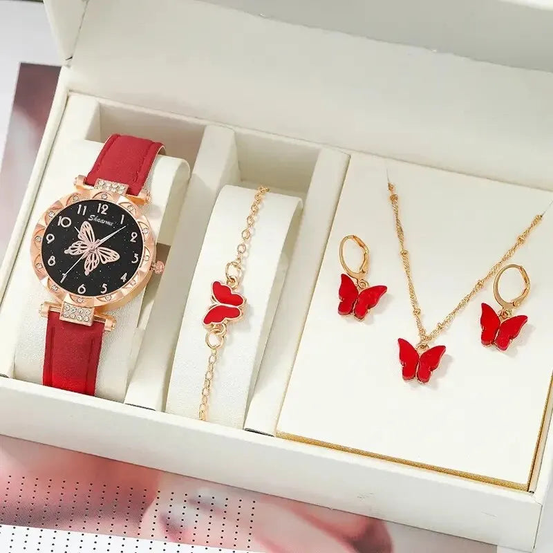 Fashion Casual Butterfly Watch & Jewelry Set - Leather Band - Afrilinker