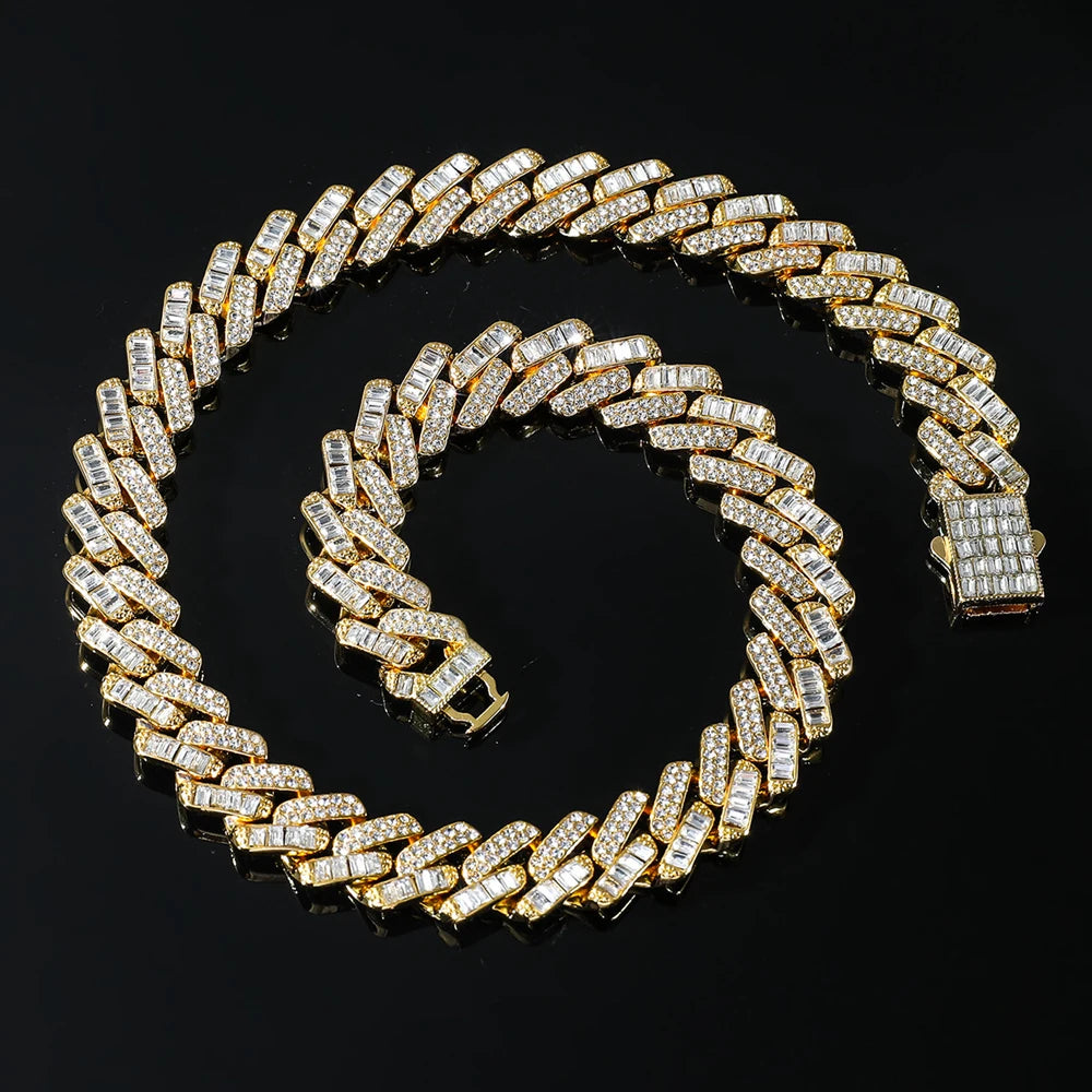 Hip Hop Iced Out 15MM Baguette Stone Cuban Chain Necklace - Afrilinker