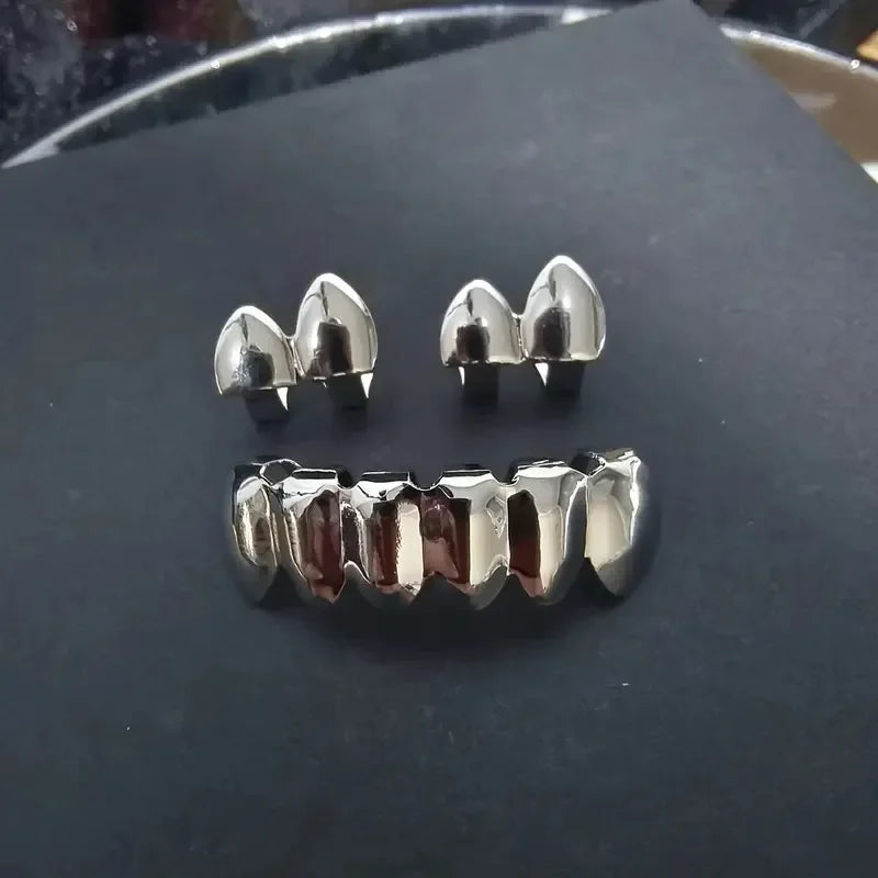 3CPS/Set Gold Silver-Plated Hip Hop Teeth for Mouth Grillz Caps Top&Bottom Grill Set Vampire Teeth for Halloween Party Sets - Afrilinker