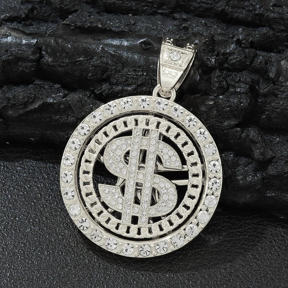 Hip Hop Iced Out Rotatable Dollar Sign Pendant Cuban Chain Necklace - Afrilinker