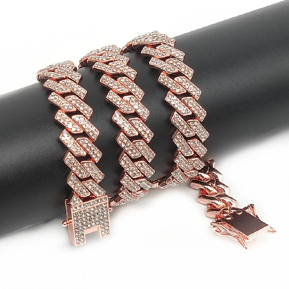 13mm Rhinestone Iced Out Square Miami Cuban Link Chain Necklaces For Men Women Rose Gold Silver Color Hip Hop Jewelry Neck Gift