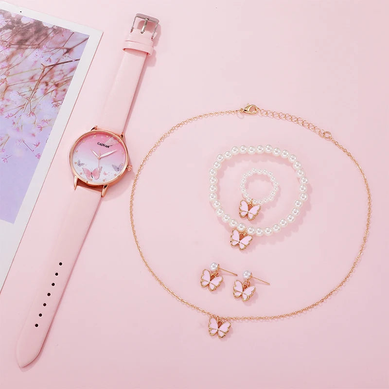 Women's Pink Butterfly Watch & Jewelry Set - Afrilinker