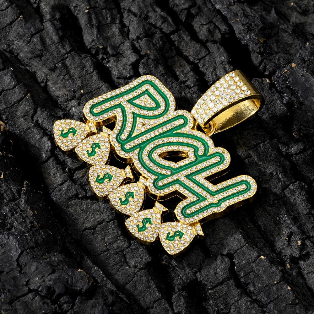 Hip Hop "RICH" Money Bag Pendant Necklace with 13mm Miami Cuban Chain - Afrilinker