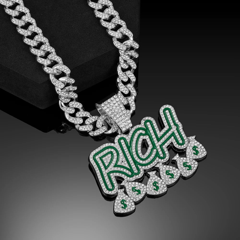 Hip Hop "RICH" Money Bag Pendant Necklace with 13mm Miami Cuban Chain - Afrilinker