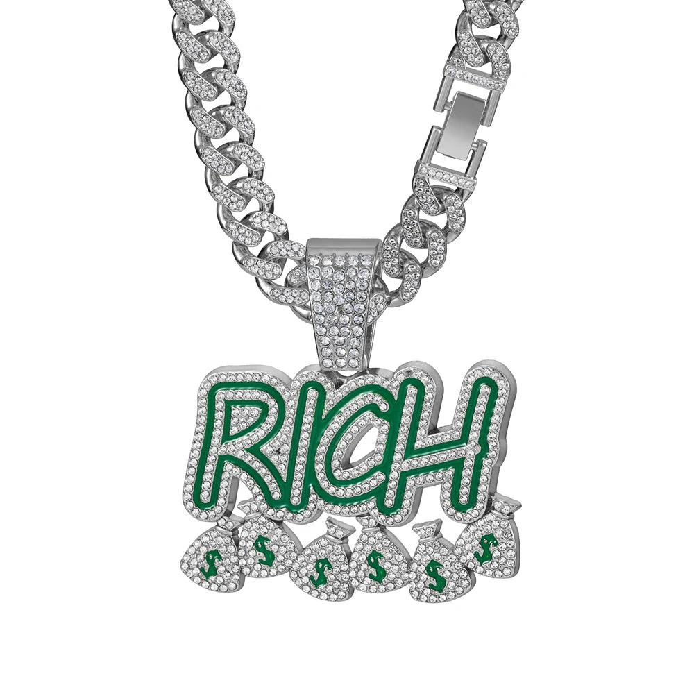 Hip Hop "RICH" Money Bag Pendant Necklace with 13mm Miami Cuban Chain - Afrilinker