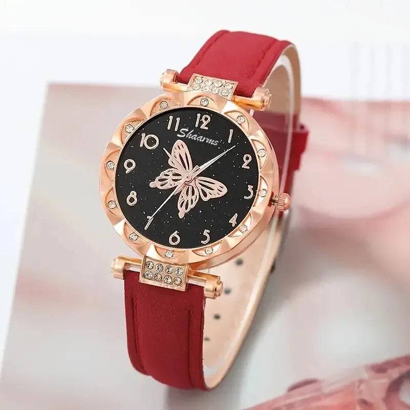 Fashion Casual Butterfly Watch & Jewelry Set - Leather Band - Afrilinker