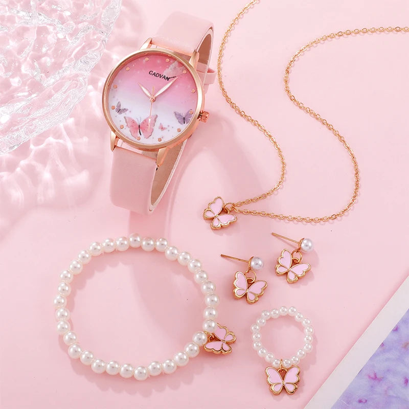 Women's Pink Butterfly Watch & Jewelry Set - Afrilinker