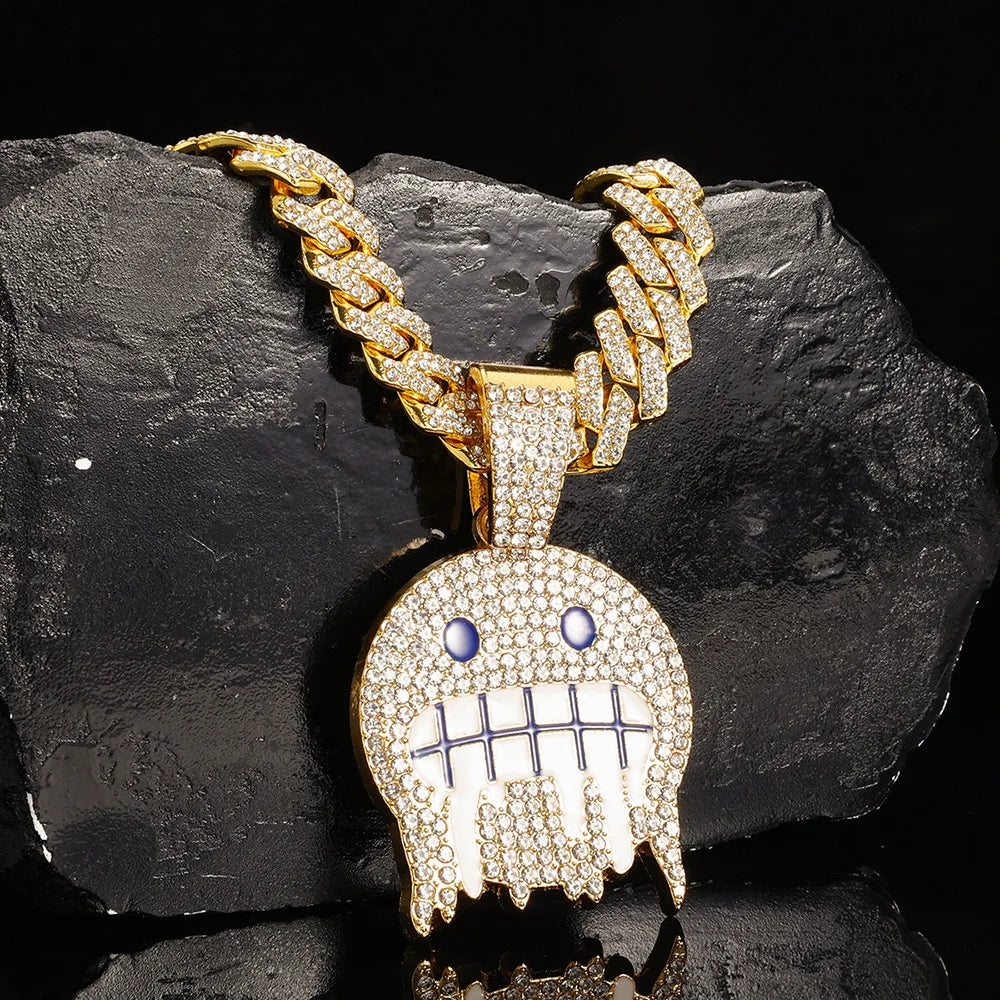 Hip Hop Iced Out Round Face Pendant Cuban Chain Necklace - Afrilinker