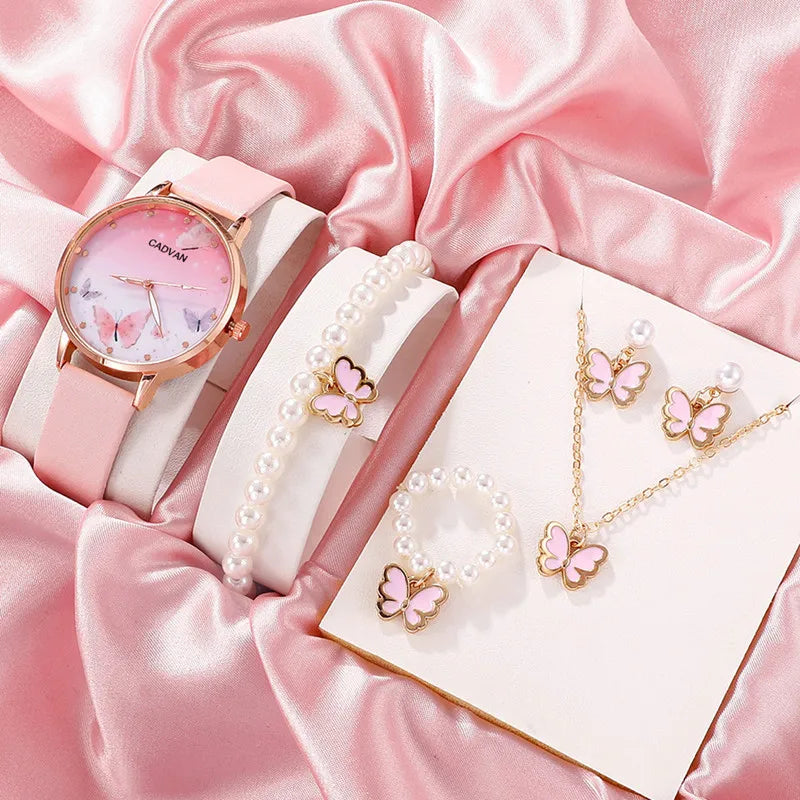 Women's Pink Butterfly Watch & Jewelry Set - Afrilinker