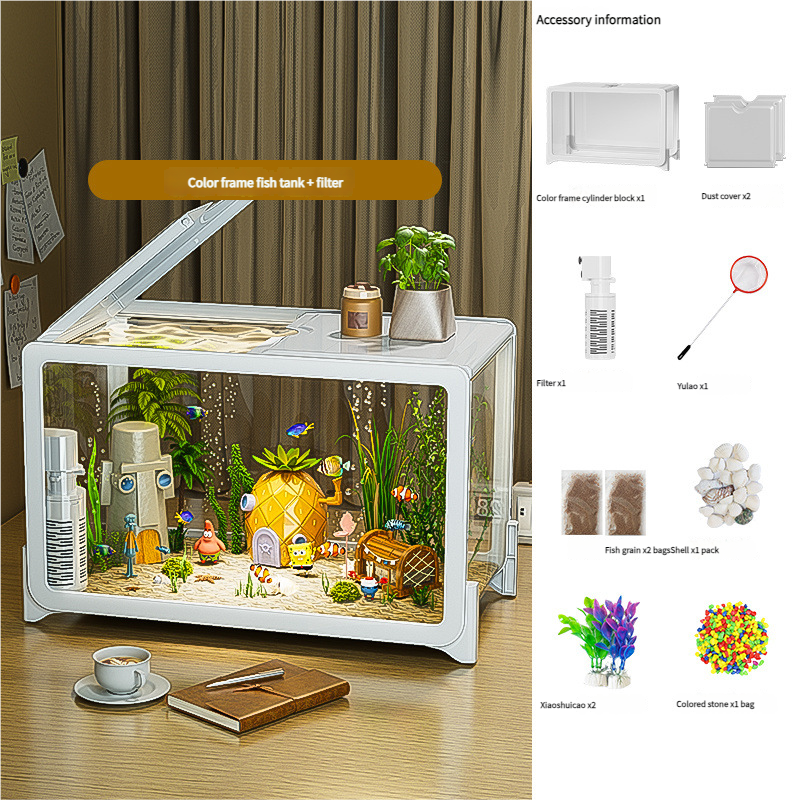 Desktop Fish Tank for Home/Living Room/Balcony/Office - Small-Medium Plastic Lazy Goldfish Tank with Eco-Scaping - Afrilinker