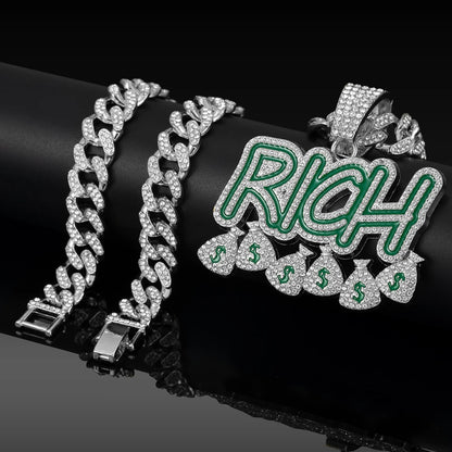 Hip Hop "RICH" Money Bag Pendant Necklace with 13mm Miami Cuban Chain - Afrilinker