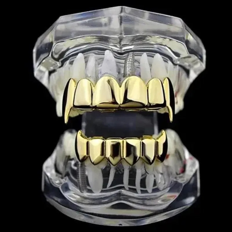 Gold Silver Plated HIP HOP Teeth Grillz Top & Bottom Grills Set With silicone Real Shiny Vampire Tooth Sets - Afrilinker