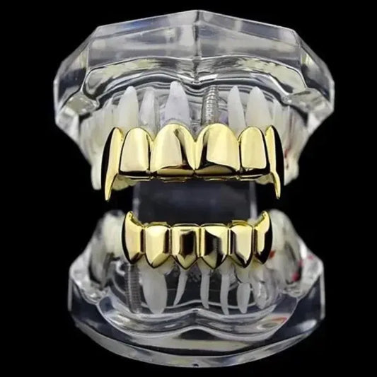 Gold Silver Plated HIP HOP Teeth Grillz Top & Bottom Grills Set With silicone Real Shiny Vampire Tooth Sets - Afrilinker