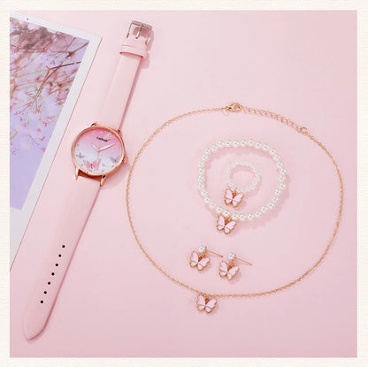 Women's Pink Butterfly Watch & Jewelry Set - Afrilinker