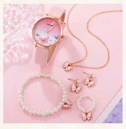 Women's Pink Butterfly Watch & Jewelry Set - Afrilinker