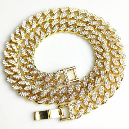 Unisex 13MM AAA Rhinestone Iced Out Miami Cuban Link Chain Necklace - Afrilinker