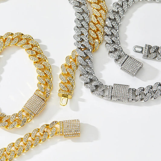 12mm Iced Out Crystal Prong Miami Cuban Chain Necklace for Women Men Bling Paved Rhinestone Choker Necklace Hip Hop Jewelry Gift