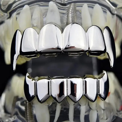 Gold Silver Plated HIP HOP Teeth Grillz Top & Bottom Grills Set With silicone Real Shiny Vampire Tooth Sets - Afrilinker