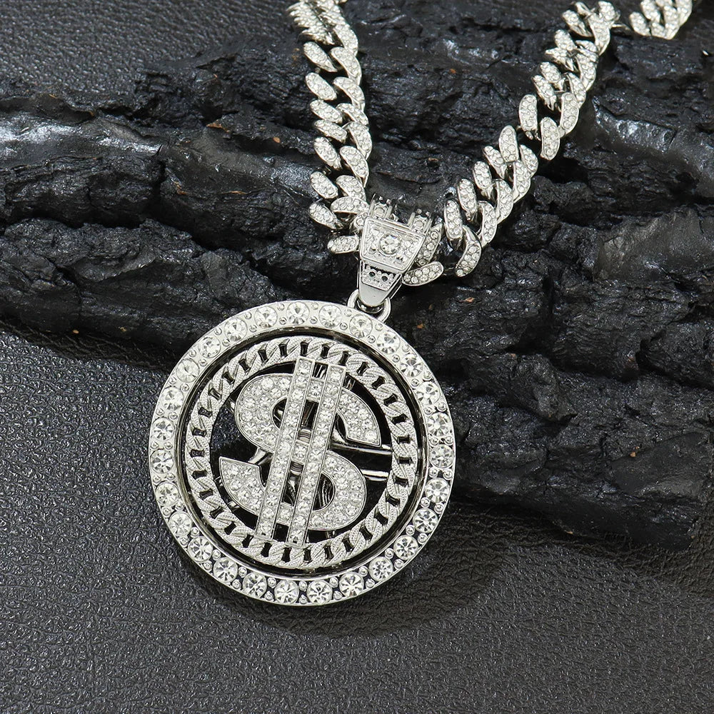 Hip Hop Iced Out Rotatable Dollar Sign Pendant Cuban Chain Necklace - Afrilinker
