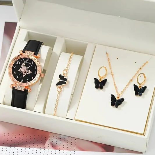Fashion Casual Butterfly Watch & Jewelry Set - Leather Band - Afrilinker
