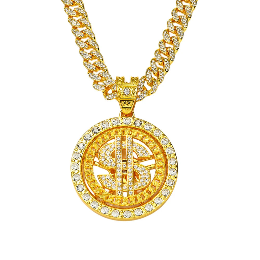 Hip Hop Iced Out Rotatable Dollar Sign Pendant Cuban Chain Necklace - Afrilinker