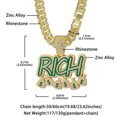 Hip Hop "RICH" Money Bag Pendant Necklace with 13mm Miami Cuban Chain - Afrilinker