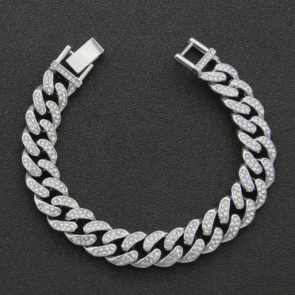 Hip Hop 13MM Rhinestone Prong Iced Out Cuban Link Chain Bracelet - Afrilinker