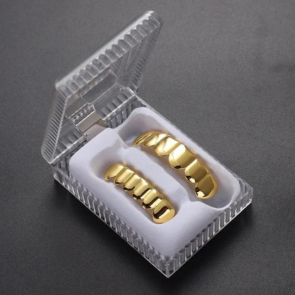 Gold Silver Plated HIP HOP Teeth Grillz Top & Bottom Grills Set With silicone Real Shiny Vampire Tooth Sets - Afrilinker