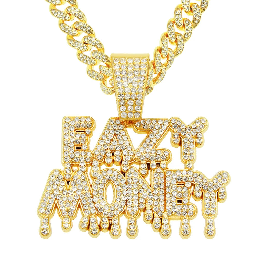 Hip Hop Iced Out EAZY MONEY Pendant Cuban Chain Necklace - Afrilinker