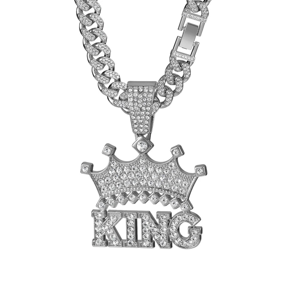Hip Hop Crown with King Pendant Necklace - 13mm Crystal Cuban Chain - Afrilinker