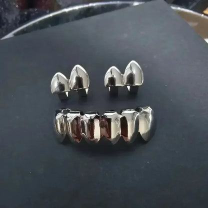 3CPS/Set Gold Silver-Plated Hip Hop Teeth for Mouth Grillz Caps Top&Bottom Grill Set Vampire Teeth for Halloween Party Sets - Afrilinker
