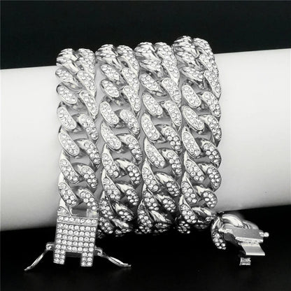 Unisex 13MM AAA Rhinestone Iced Out Miami Cuban Link Chain Necklace - Afrilinker