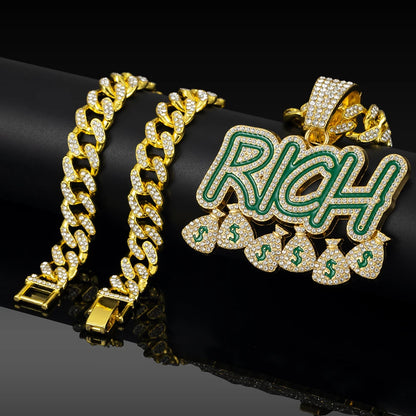 Hip Hop "RICH" Money Bag Pendant Necklace with 13mm Miami Cuban Chain - Afrilinker