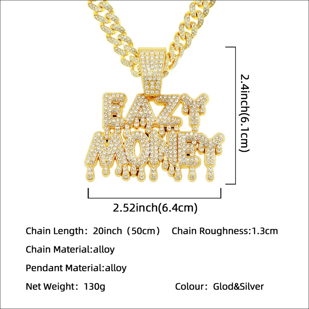 Hip Hop Iced Out EAZY MONEY Pendant Cuban Chain Necklace - Afrilinker