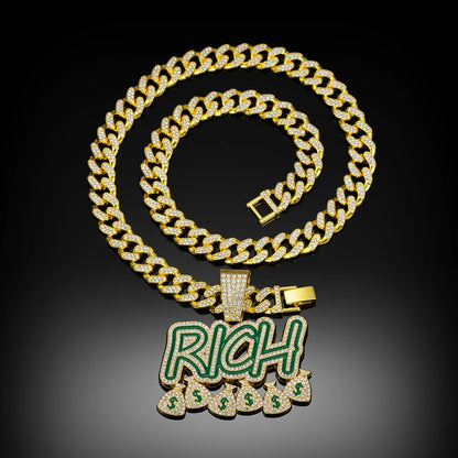 Hip Hop "RICH" Money Bag Pendant Necklace with 13mm Miami Cuban Chain - Afrilinker