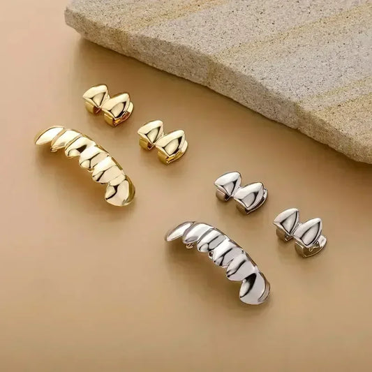 3CPS/Set Gold Silver-Plated Hip Hop Teeth for Mouth Grillz Caps Top&Bottom Grill Set Vampire Teeth for Halloween Party Sets - Afrilinker
