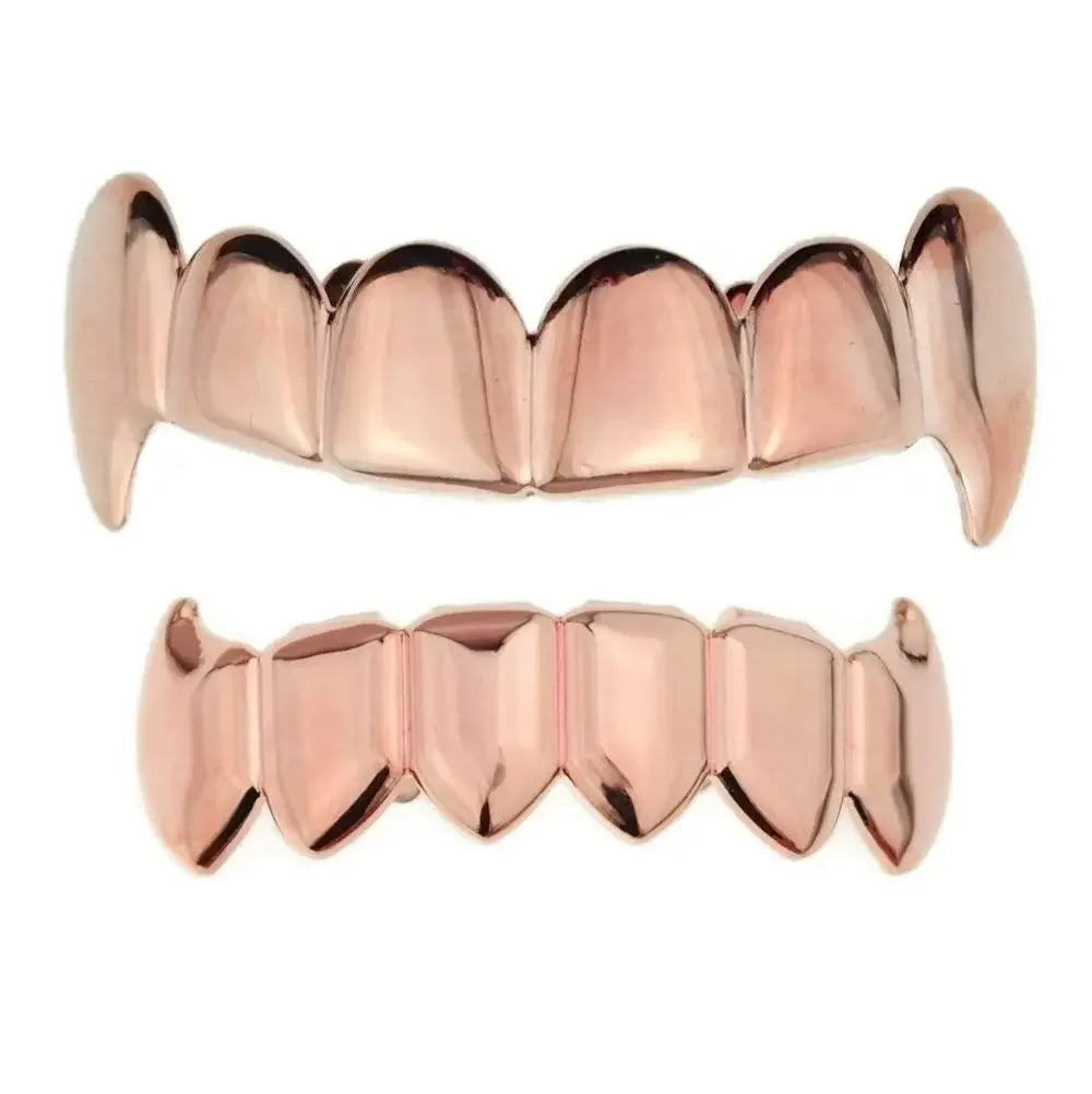 Gold Silver Plated HIP HOP Teeth Grillz Top & Bottom Grills Set With silicone Real Shiny Vampire Tooth Sets - Afrilinker