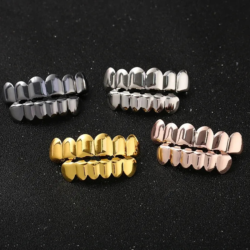 Gold Silver Plated HIP HOP Teeth Grillz Top & Bottom Grills Set With silicone Real Shiny Vampire Tooth Sets - Afrilinker
