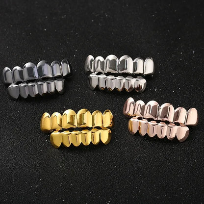 Gold Silver Plated HIP HOP Teeth Grillz Top & Bottom Grills Set With silicone Real Shiny Vampire Tooth Sets - Afrilinker