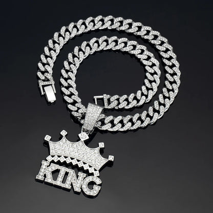 Hip Hop Crown with King Pendant Necklace - 13mm Crystal Cuban Chain - Afrilinker
